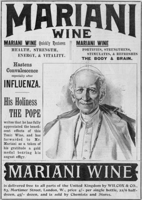 Vin Mariano plakat z papieżem reklamujący kokainowe wino