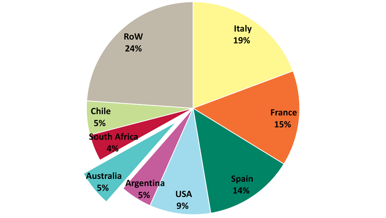 Rynek wina na świecie - wykres obrazujący udział poszczególnych państw w produkcji wina.